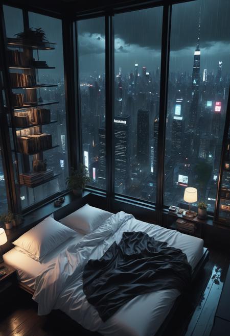 00071-moody aesthetic, beautiful cozy, cramped bedroom with floor to ceiling glass windows overlooking a cyberpunk city at night, view.png